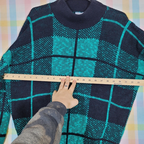 Vintage chunky knit grandpa sweater bright green black plaid checkered jumper - Picture 5 of 6
